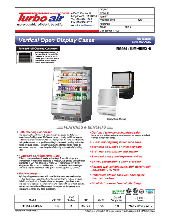Turbo Air TOM-40MS-N 39 1/8" Stainless Steel Vertical Open Air Cooler – 4 Levels, 115v - Donut-Equipment.com