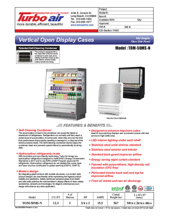 Turbo Air TOM-50MS-N 50 7/8" Stainless Steel Vertical Open Air Cooler w/ (4) Levels, 115v - Donut-Equipment.com