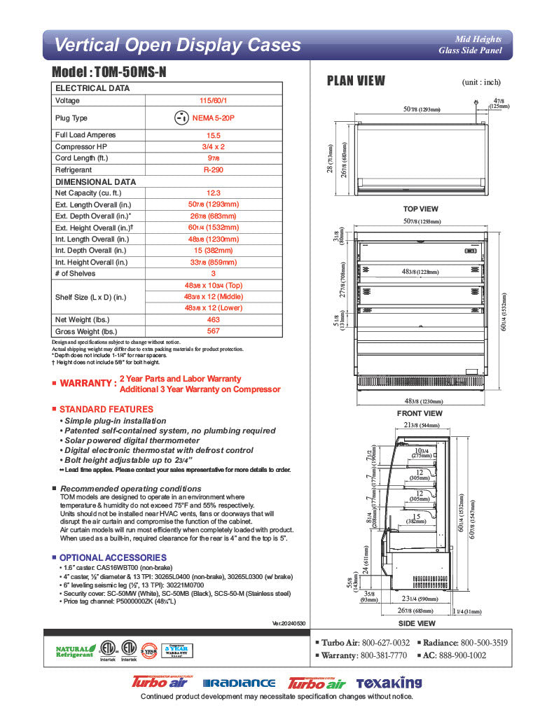 Turbo Air TOM-50MS-N 50 7/8" Stainless Steel Vertical Open Air Cooler w/ (4) Levels, 115v - Donut-Equipment.com