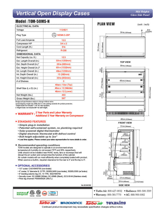 Turbo Air TOM-50MS-N 50 7/8" Stainless Steel Vertical Open Air Cooler w/ (4) Levels, 115v - Donut-Equipment.com