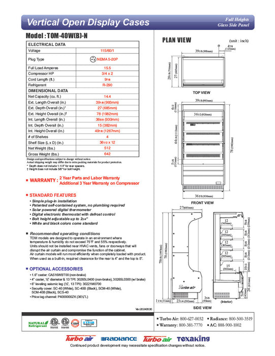 Turbo Air TOM-40W-N 39 1/8" Vertical Open Air Cooler w/ (5) Levels – White Exterior, 115v - Donut-Equipment.com