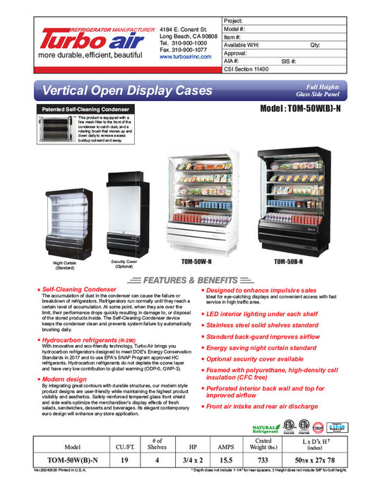 Turbo Air TOM-50W-N 51" Vertical Open Air Cooler w/ (5) Levels – White Exterior, 115v - Donut-Equipment.com