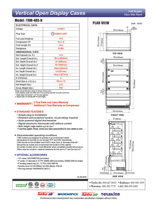 Turbo Air TOM-40S-N 39" Vertical Open Air Cooler w/ (5) Levels – Stainless Steel Exterior, 115v/1ph - Donut-Equipment.com
