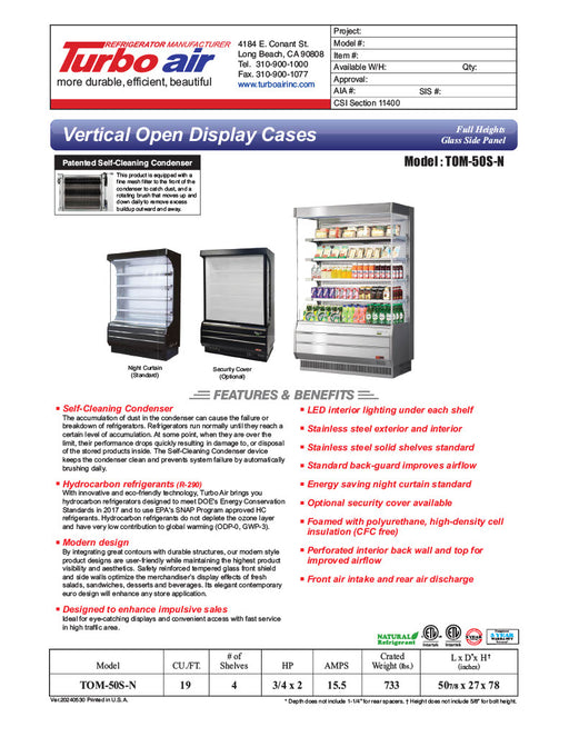 Turbo Air TOM-50S-N 50 7/8" Vertical Open Air Cooler w/ (5) Levels – Stainless Steel Exterior, 115v - Donut-Equipment.com