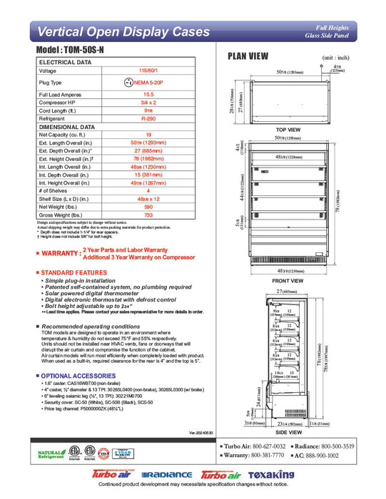 Turbo Air TOM-50S-N 50 7/8" Vertical Open Air Cooler w/ (5) Levels – Stainless Steel Exterior, 115v - Donut-Equipment.com