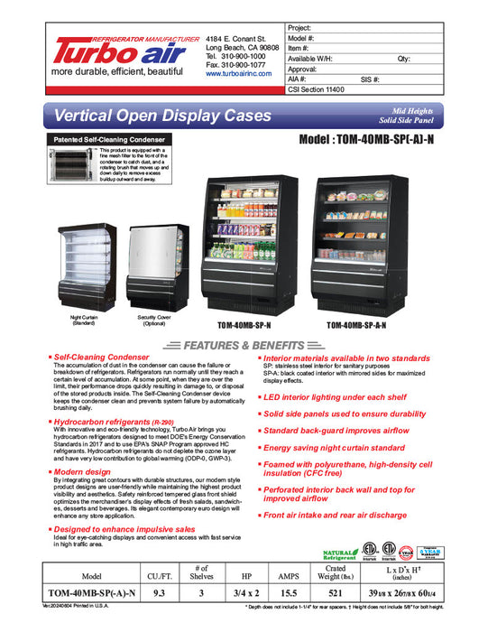 Turbo Air TOM-40MB-SP-N 39 1/8" Vertical Open Air Cooler w/ (4) Levels – Black Exterior, 115v - Donut-Equipment.com