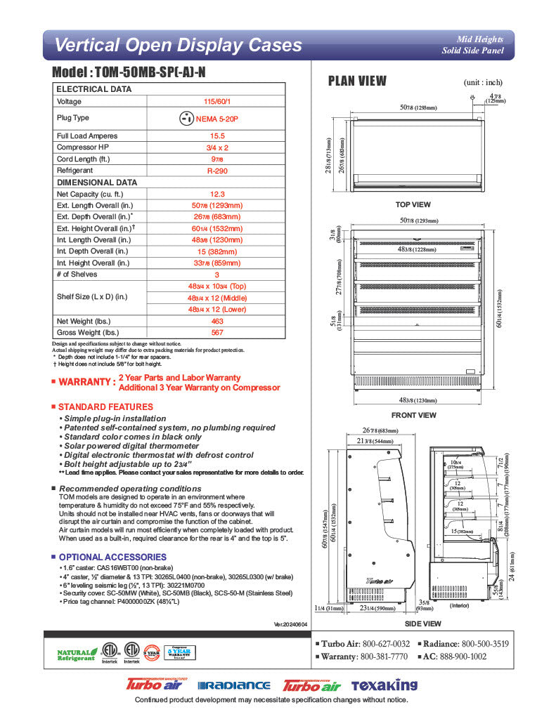Turbo Air TOM-50MB-SP-N 50 7/8" Vertical Open Air Cooler w/ (4) Levels – Black Exterior, 115v - Donut-Equipment.com