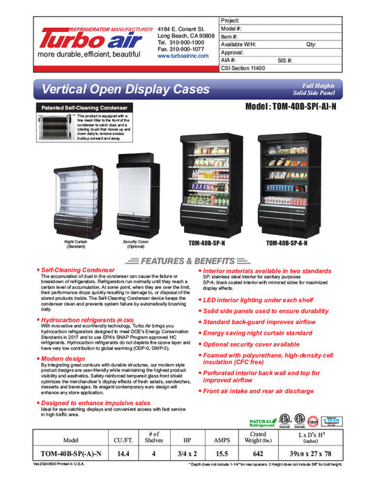 Turbo Air TOM-40B-SP-N 39 1/8" Vertical Open Air Cooler w/ (5) Levels – Black Exterior, 115v - Donut-Equipment.com