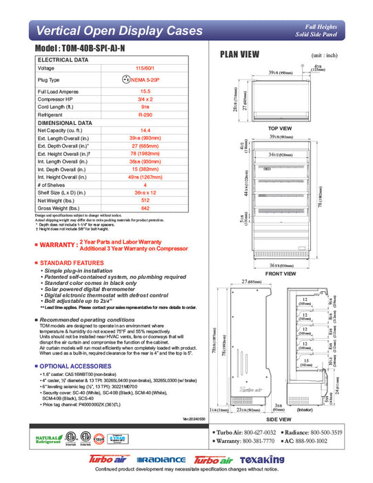 Turbo Air TOM-40B-SP-N 39 1/8" Vertical Open Air Cooler w/ (5) Levels – Black Exterior, 115v - Donut-Equipment.com