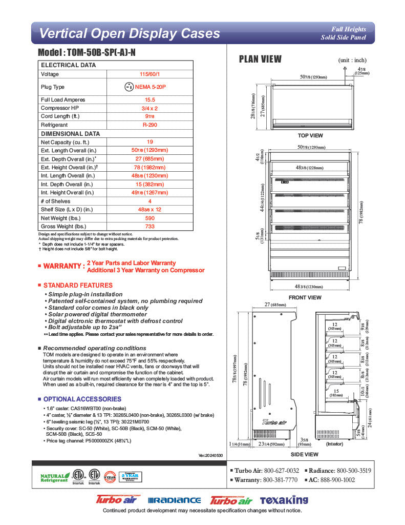Turbo Air TOM-50B-SP-N 51" Vertical Open Air Cooler w/ (5) Levels – Black Exterior, Solid Side Panels, 115v - Donut-Equipment.com