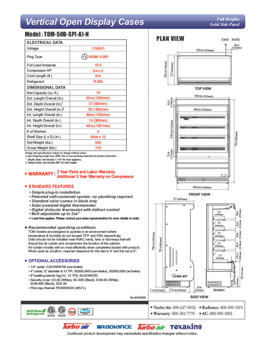 Turbo Air TOM-50B-SP-N 51" Vertical Open Air Cooler w/ (5) Levels – Black Exterior, Solid Side Panels, 115v - Donut-Equipment.com