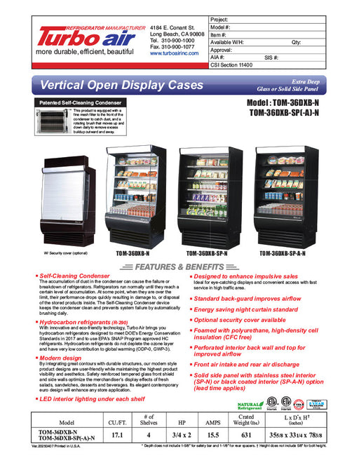 Turbo Air TOM-36DXB-N 36" Vertical Open Air Cooler w/ (5) Levels – Black Exterior, 115v - Donut-Equipment.com