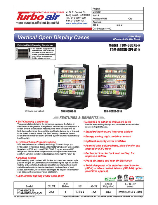 Turbo Air TOM-60DXB-N 60" Vertical Open Air Cooler w/ (5) Levels – Extra Deep, Black Exterior, 115v - Donut-Equipment.com