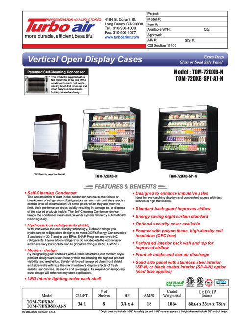 Turbo Air TOM-72DXB-N 69" Vertical Open Air Cooler w/ (5) Levels – Extra Deep, Black Exterior, 115v - Donut-Equipment.com