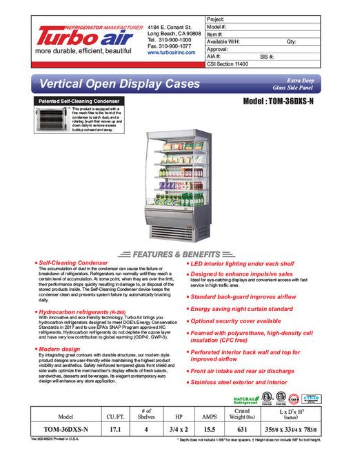 Turbo Air TOM-36DXS-N 36" Stainless Steel Extra Deep Vertical Open Display Case with (5) Levels, 115v - Donut-Equipment.com