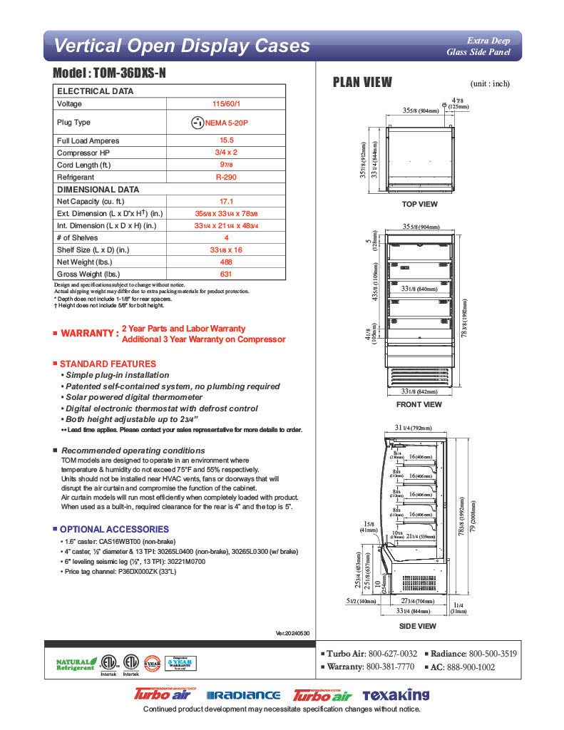 Turbo Air TOM-36DXS-N 36" Stainless Steel Extra Deep Vertical Open Display Case with (5) Levels, 115v - Donut-Equipment.com