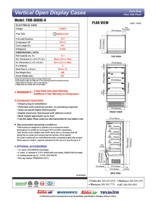 Turbo Air TOM-36DXS-N 36" Stainless Steel Extra Deep Vertical Open Display Case with (5) Levels, 115v - Donut-Equipment.com