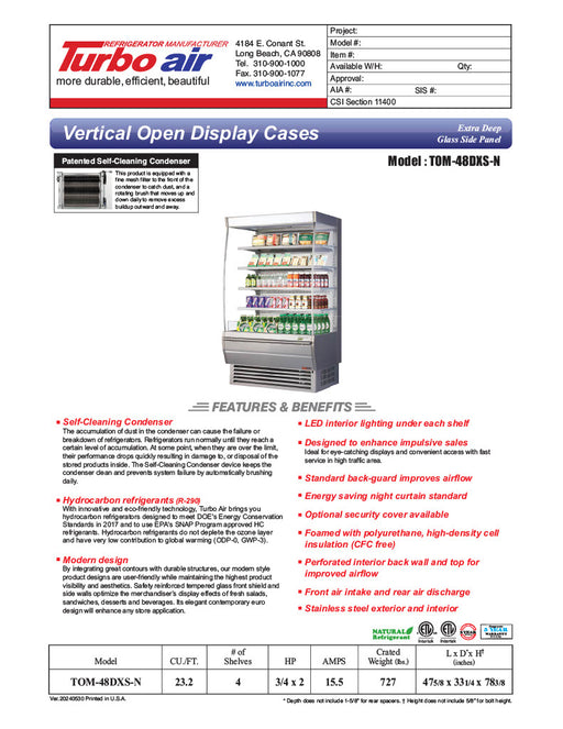 Turbo Air TOM-48DXS-N 48" Stainless Steel Extra Deep Vertical Open Display Case with (5) Levels, 115v - Donut-Equipment.com