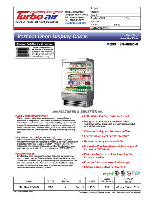 Turbo Air TOM-48DXS-N 48" Stainless Steel Extra Deep Vertical Open Display Case with (5) Levels, 115v - Donut-Equipment.com