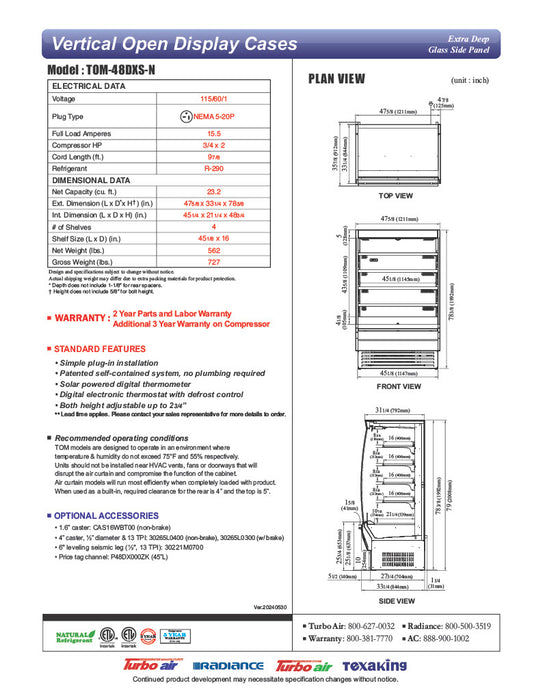 Turbo Air TOM-48DXS-N 48" Stainless Steel Extra Deep Vertical Open Display Case with (5) Levels, 115v - Donut-Equipment.com