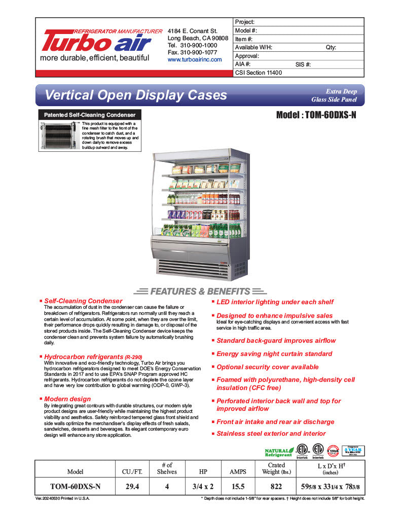 Turbo Air TOM-60DXS-N 60" Stainless Steel Extra Deep Vertical Open Air Cooler w/ (5) Levels, 115v - Donut-Equipment.com