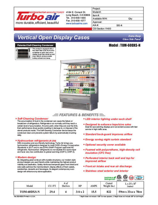 Turbo Air TOM-60DXS-N 60" Stainless Steel Extra Deep Vertical Open Air Cooler w/ (5) Levels, 115v - Donut-Equipment.com