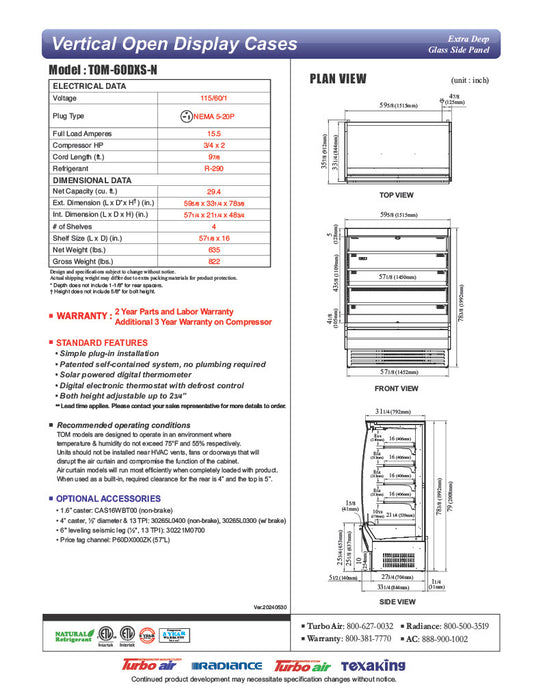 Turbo Air TOM-60DXS-N 60" Stainless Steel Extra Deep Vertical Open Air Cooler w/ (5) Levels, 115v - Donut-Equipment.com
