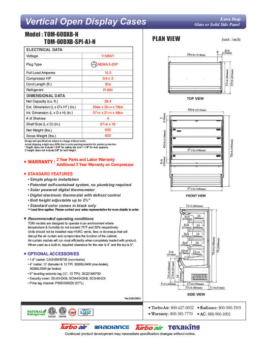 Turbo Air TOM-60DXB-SP-N 60" Black Extra Deep Vertical Open Air Cooler w/ Solid Side Panels, (5) Levels, 115v - Donut-Equipment.com