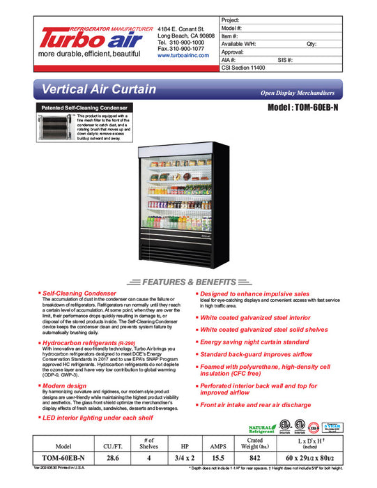 Turbo Air TOM-60EB-N 60" Black Vertical Open Air Cooler w/ (5) Levels, 115v - Donut-Equipment.com