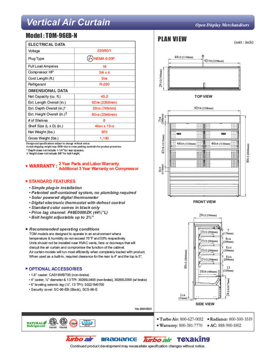 Turbo Air TOM-96EB-N 93" Black Vertical Open Air Cooler w/ (5) Levels, 220v/1ph - Donut-Equipment.com