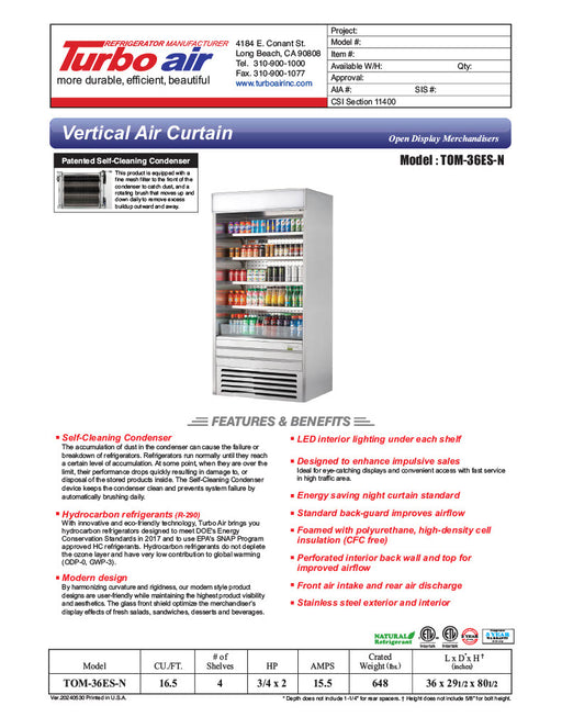 Turbo Air TOM-36ES-N 36" Stainless Steel Vertical Air Curtain Display Case w/ (5) Levels, 115v - Donut-Equipment.com