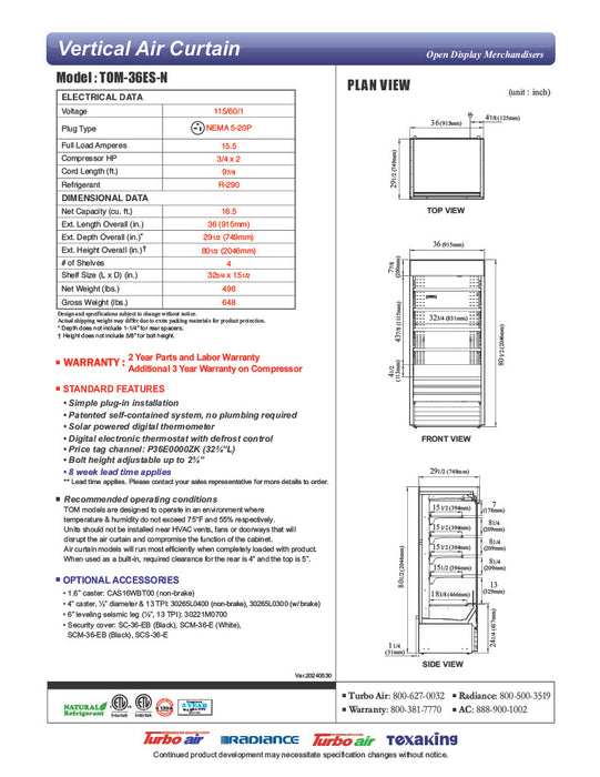 Turbo Air TOM-36ES-N 36" Stainless Steel Vertical Air Curtain Display Case w/ (5) Levels, 115v - Donut-Equipment.com