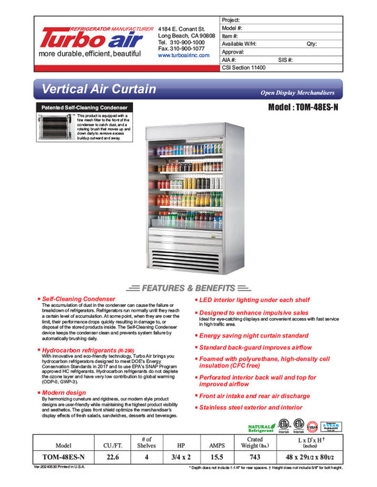 Turbo Air TOM-48ES-N 48" Stainless Steel Vertical Open Air Cooler w/ (5) Levels, 115v - Donut-Equipment.com