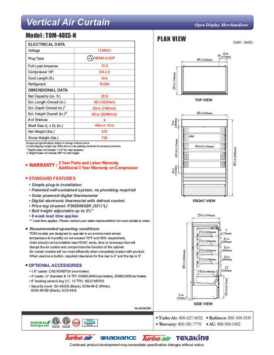 Turbo Air TOM-48ES-N 48" Stainless Steel Vertical Open Air Cooler w/ (5) Levels, 115v - Donut-Equipment.com