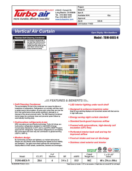 Turbo Air TOM-60ES-N 60" Stainless Steel Vertical Open Air Cooler w/ (5) Levels, 115v/1ph - Donut-Equipment.com