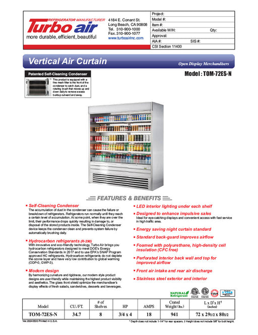 Turbo Air TOM-72ES-N 72" Stainless Steel Vertical Open Air Cooler w/ (5) Levels, 220v/1ph - Donut-Equipment.com