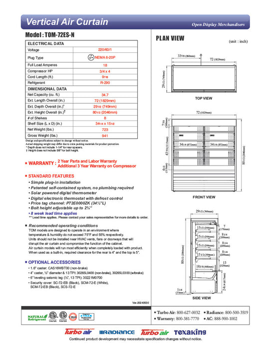 Turbo Air TOM-72ES-N 72" Stainless Steel Vertical Open Air Cooler w/ (5) Levels, 220v/1ph - Donut-Equipment.com