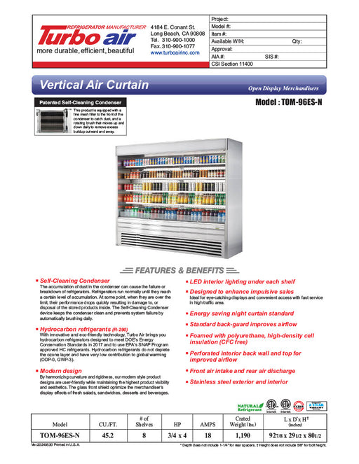 Turbo Air TOM-96ES-N 92 7/8" Stainless Steel Vertical Open Air Cooler with (5) Levels, 220v/1ph - Donut-Equipment.com