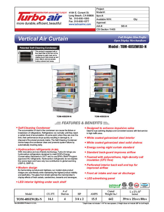 Turbo Air TOM-40SEW-N 39 7/8" White Narrow Depth Vertical Open Air Cooler / Air Curtain Display Case with (5) Levels, 115v - Donut-Equipment.com
