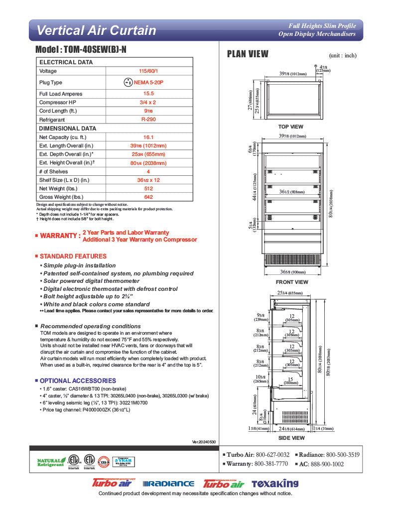 Turbo Air TOM-40SEW-N 39 7/8" White Narrow Depth Vertical Open Air Cooler / Air Curtain Display Case with (5) Levels, 115v - Donut-Equipment.com