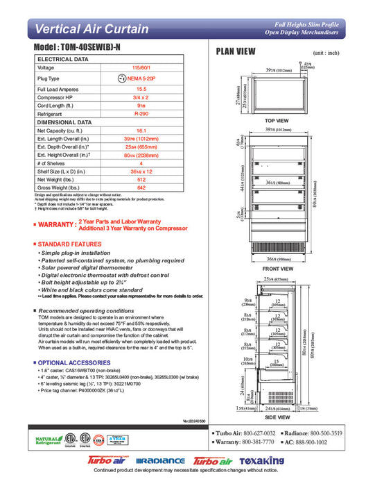Turbo Air TOM-40SEW-N 39 7/8" White Narrow Depth Vertical Open Air Cooler / Air Curtain Display Case with (5) Levels, 115v - Donut-Equipment.com