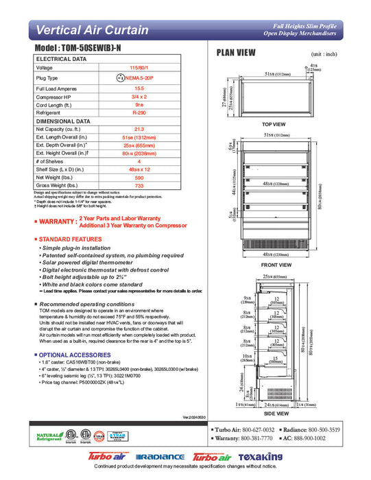 Turbo Air TOM-50SEW-N 51 5/8" White Narrow Depth Vertical Open Air Cooler / Air Curtain Display Case with (5) Levels, 115v - Donut-Equipment.com