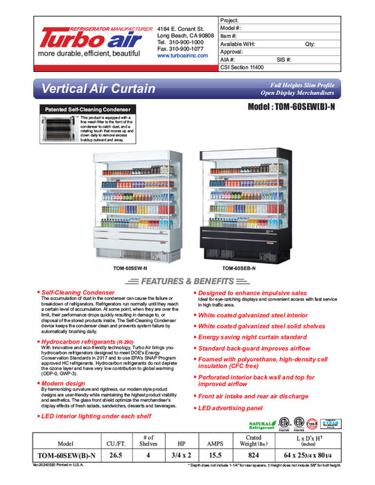 Turbo Air TOM-60SEW-N 64" White Narrow Depth Vertical Open Air Cooler / Air Curtain Display Case with (5) Levels, 115v - Donut-Equipment.com