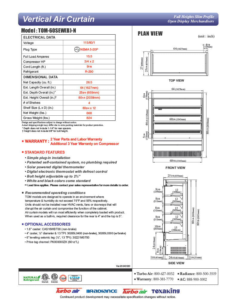 Turbo Air TOM-60SEW-N 64" White Narrow Depth Vertical Open Air Cooler / Air Curtain Display Case with (5) Levels, 115v - Donut-Equipment.com