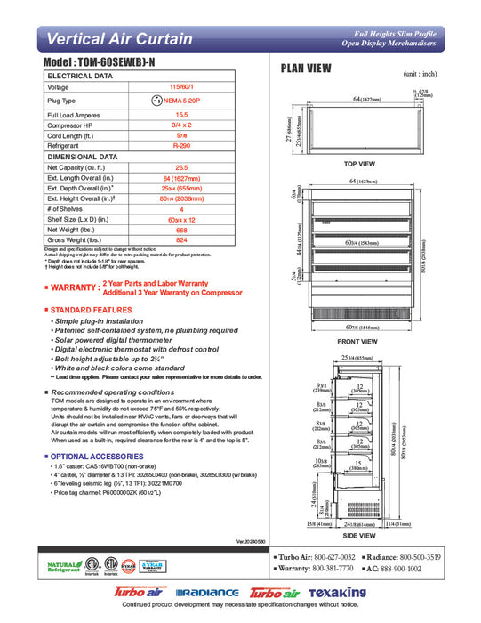 Turbo Air TOM-60SEW-N 64" White Narrow Depth Vertical Open Air Cooler / Air Curtain Display Case with (5) Levels, 115v - Donut-Equipment.com