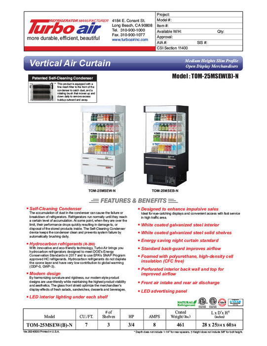 Turbo Air TOM-25MSEW-N 28" White Narrow Depth Vertical Open Air Cooler / Air Curtain Display Case with (4) Levels, 115v - Donut-Equipment.com