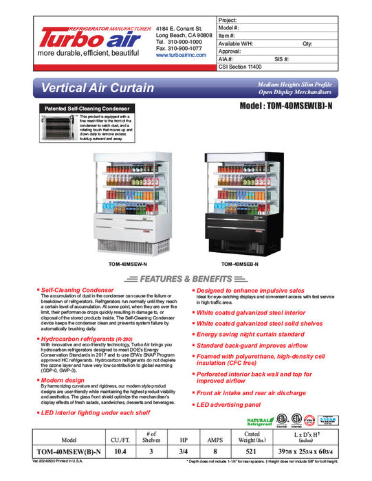 Turbo Air TOM-40MSEW-N 39 3/8" White Narrow Depth Vertical Open Air Cooler / Air Curtain Display Case with (4) Levels, 115v - Donut-Equipment.com