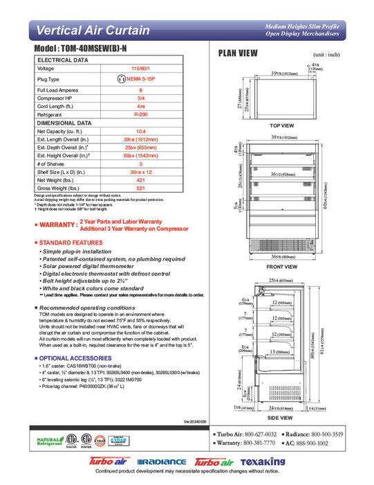 Turbo Air TOM-40MSEW-N 39 3/8" White Narrow Depth Vertical Open Air Cooler / Air Curtain Display Case with (4) Levels, 115v - Donut-Equipment.com