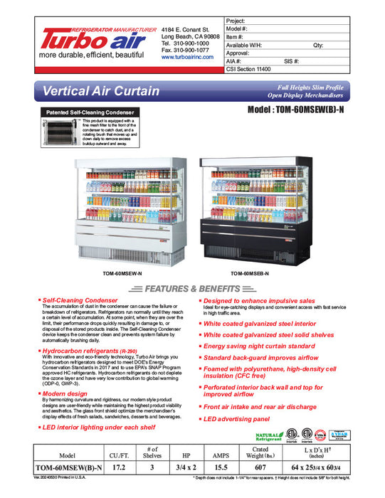 Turbo Air TOM-60MSEW-N 63 1/4" White Narrow Depth Vertical Open Air Cooler / Air Curtain Display Case with (4) Levels, 115v - Donut-Equipment.com