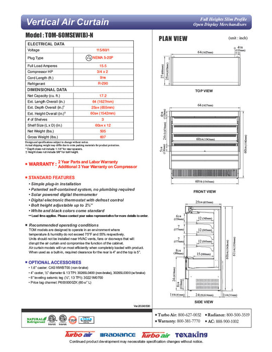 Turbo Air TOM-60MSEW-N 63 1/4" White Narrow Depth Vertical Open Air Cooler / Air Curtain Display Case with (4) Levels, 115v - Donut-Equipment.com